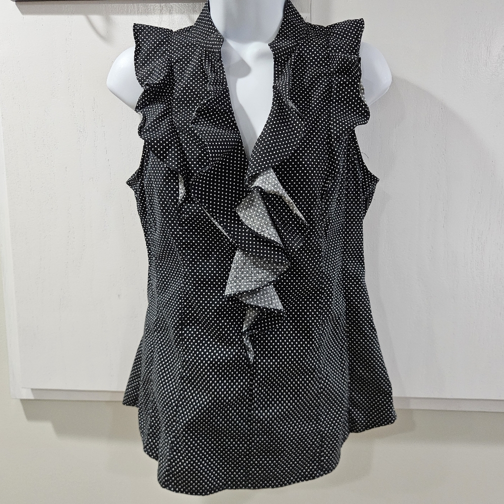 Express Womens Y2K Polka Dot Top Ruffle M Black Retro Fitted Pin-up Feminine